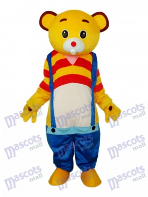 Yellow Bear Wear Blue overalls Mascot Adult Costume Animal 
