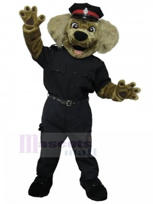 Smiling Brown Police Officer Dog Mascot Costume in Black Uniform Animal