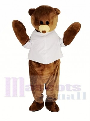 Brown Teddy Bear in White Shirt Mascot Costume