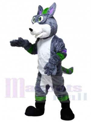 Gray Husky Dog Fursuit with Purple and Green Stripes Mascot Costumes Animal