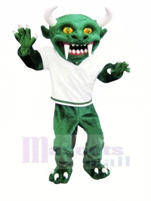 Green Devil with Long Teeth Mascot Costume Cartoon