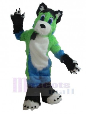 Long Fur Green and White and Blue Dog Mascot Costume Animal