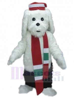 Long Fur White Dog Mascot Costume with Red Scarf