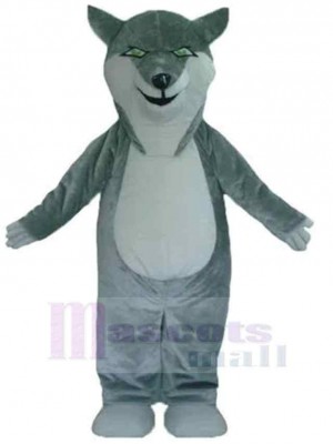 White and Gray Wolf Mascot Costume Animal with Green Eyes