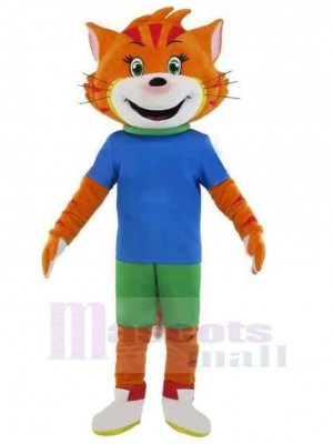 Orange Tiger Mascot Costume Animal in Blue T-shirt