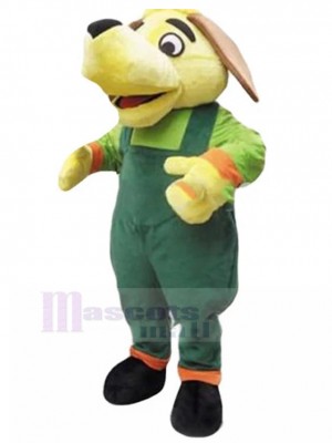 Long-eared Cartoon Yellow Dog Mascot Costume with Green Overalls Animal