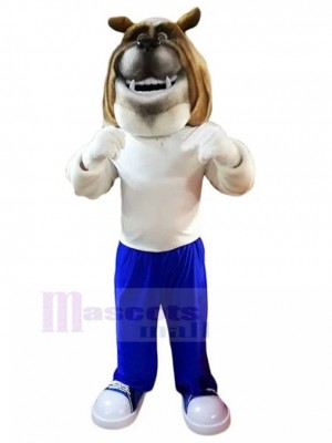 Smiling Bulldog Mascot Costume with Dark Blue Sweatpants