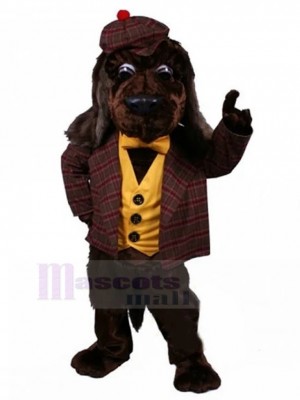 Dark Brown Dog Mascot Costume Animal in Wine Red Plaid suit