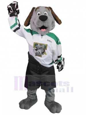 Smiling Grey Dog Mascot Costume in Goalkeeper Suit Animal