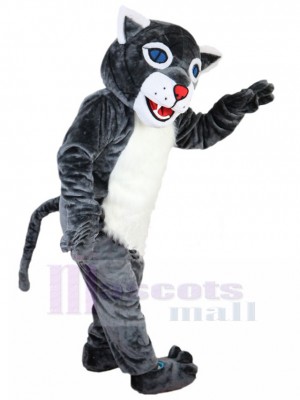 Cheerful Grey Wildcat Mascot Costume Animal with Blue Eyes