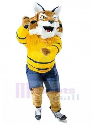 Powerful Sport Wildcat Mascot Costume Animal with Yellow Jersey