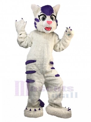 White Tabby Cat Mascot Costume with Purple Fur Animal