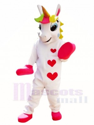 White Unicorn with Hearts and Colorful Horn Mascot Costumes 