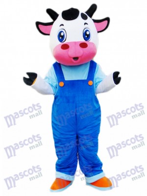 Cow in Blue Overalls Mascot Costume Cartoon  