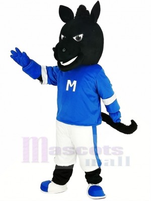 Black Horse in Blue Jersey Mascot Costume Animal