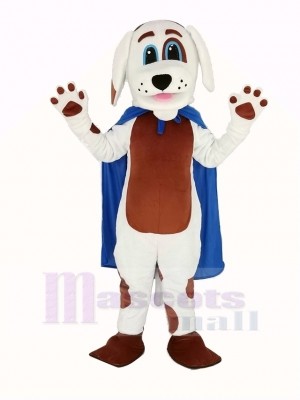 White Dog Brown Belly in Blue Cape Mascot Costume